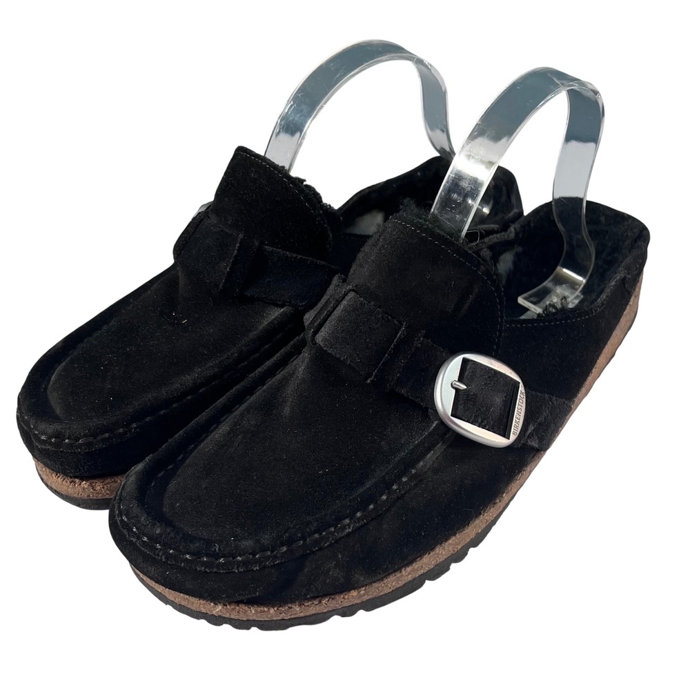 Birkenstock Buckley Shearling Black Suede Clog Mules Womens 11 Mens 9 EU 42